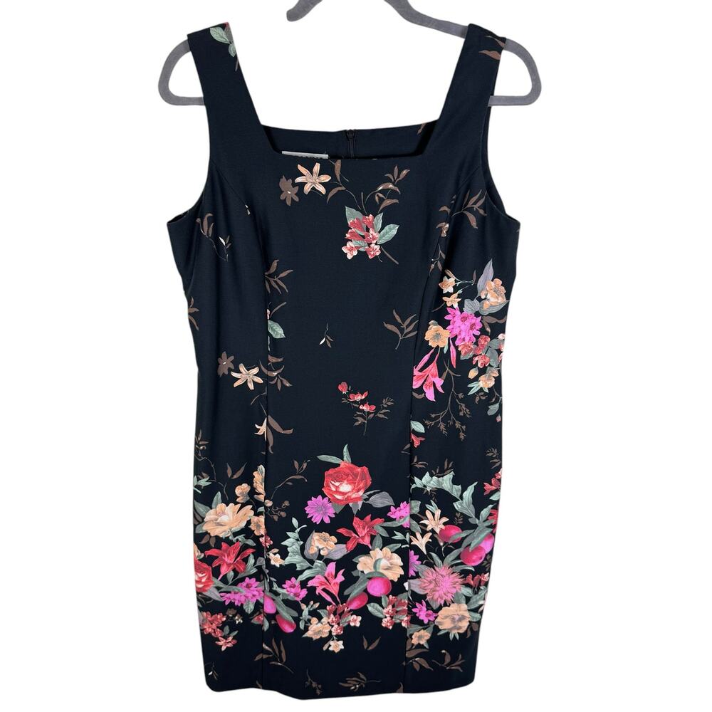 Gianni Vintage Black Floral Sleeveless Square Neck Cotton Sheath Dress USA Sz 12